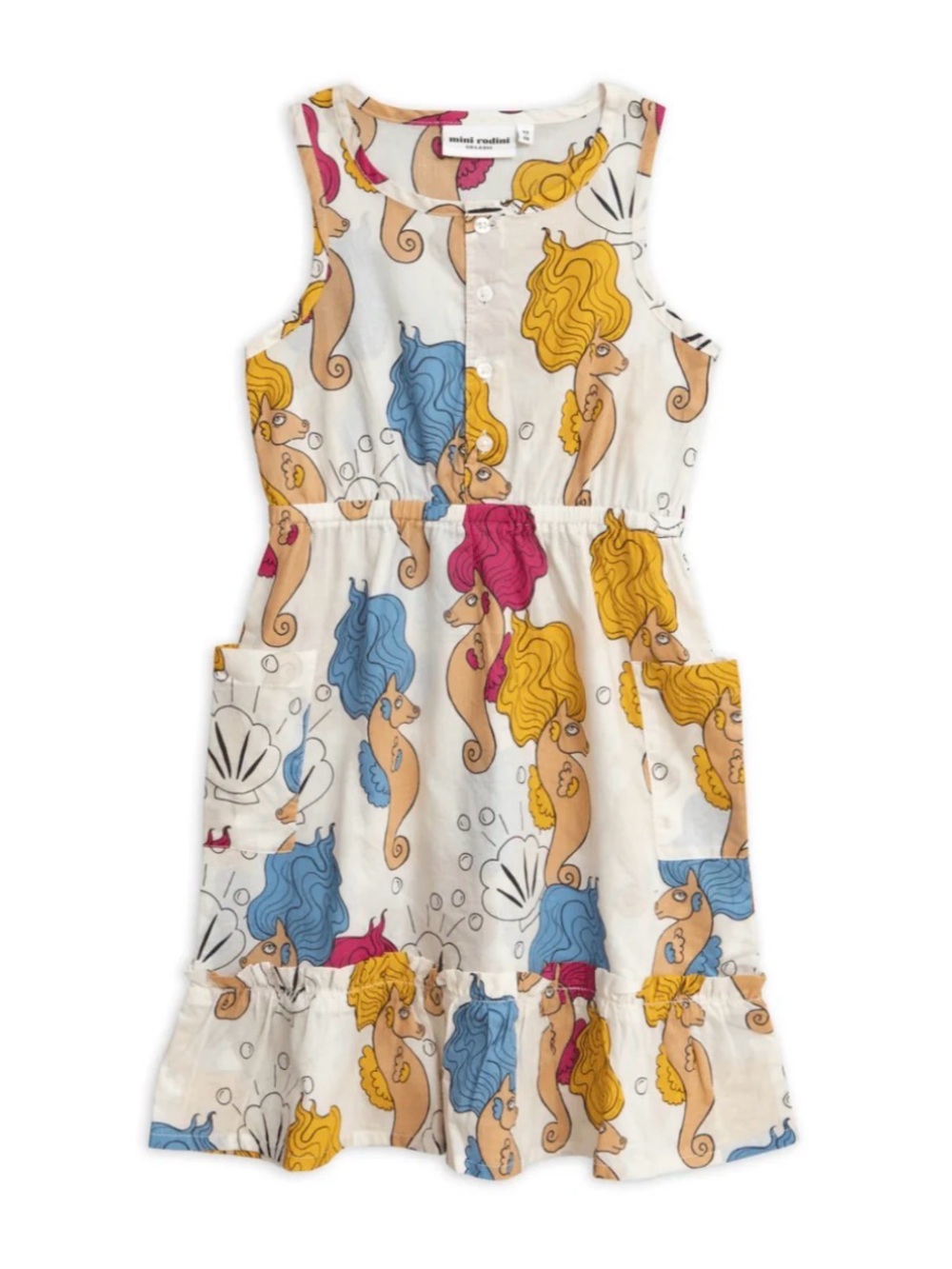 Mini Rodini Cream Sleeveless seahorse Print Dress with Yellow Blue Pink Euc